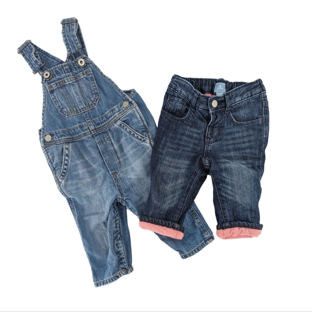 Baby Gap Denim Fleece Lined Pants and Overalls Bundle 6-12 months